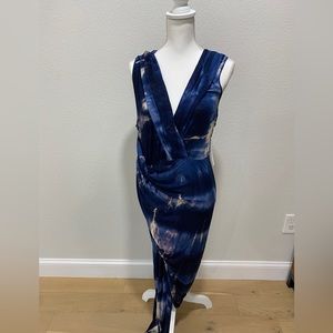 Brand New Venus Tie dye blue and blue asymmetric ruched boho dress. Size Large.